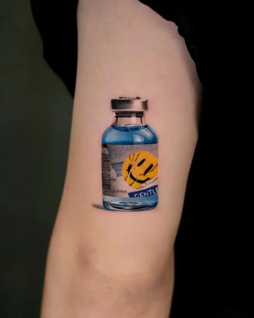 Blue Medicine Vial with Smile Label on Upper Arm