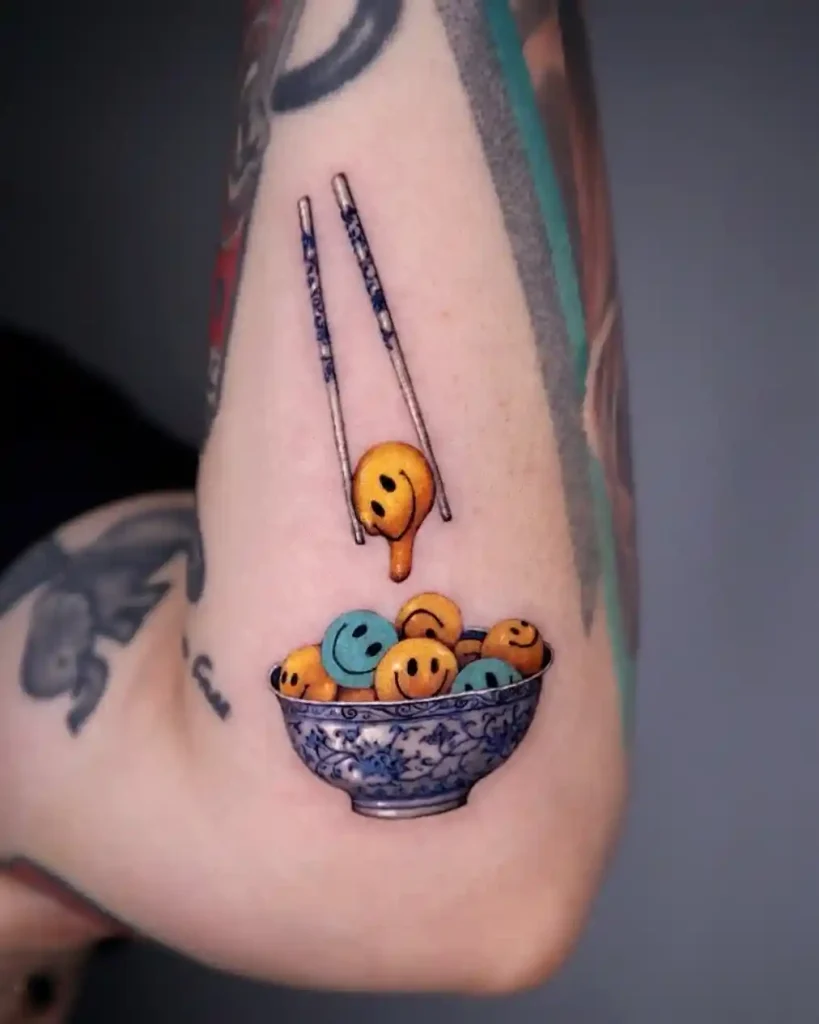Blue Porcelain Bowl of Smile Dumplings on Inner Elbow