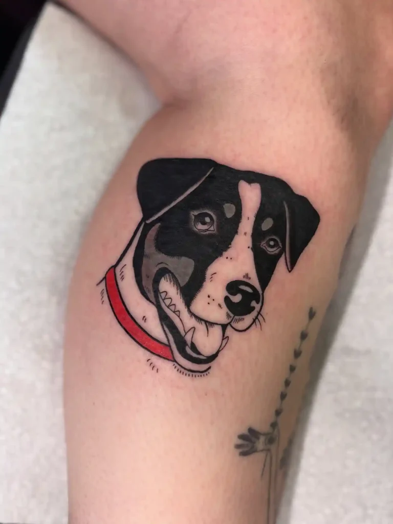 Bold Illustrated Lab Mix with Red Collar on Lower Leg