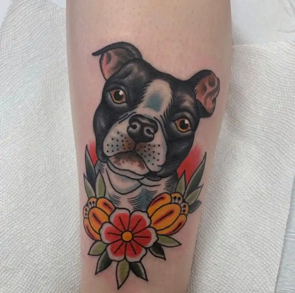 Boston Terrier with Neo-Traditional Florals on Calf