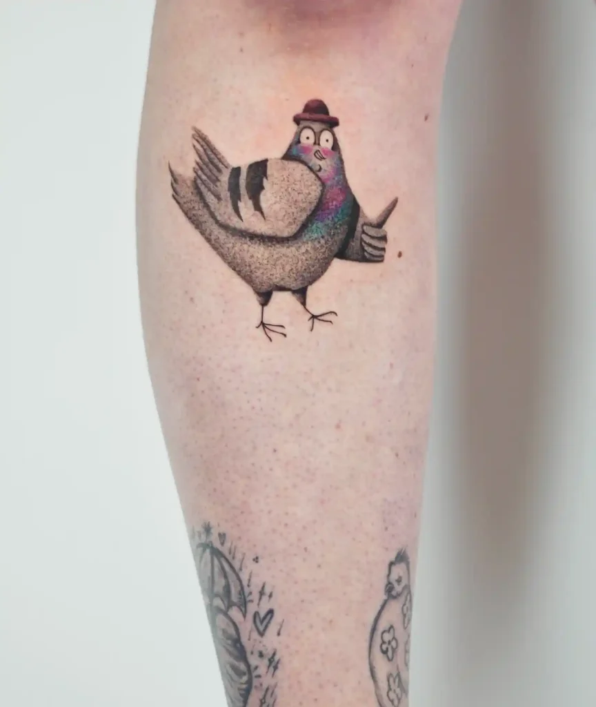 Cartoon Pigeon with Bowler Hat on Calf