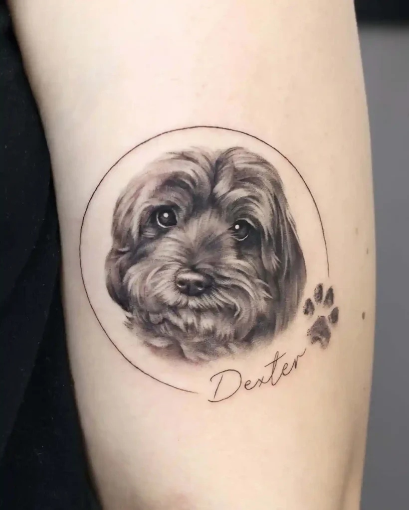 Circular Scruffy Dog Portrait with Name on Upper Arm