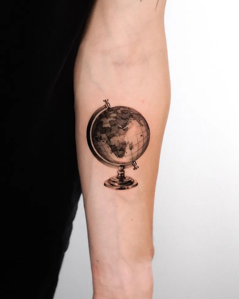 Classic Black and Grey Study Globe Tattoo