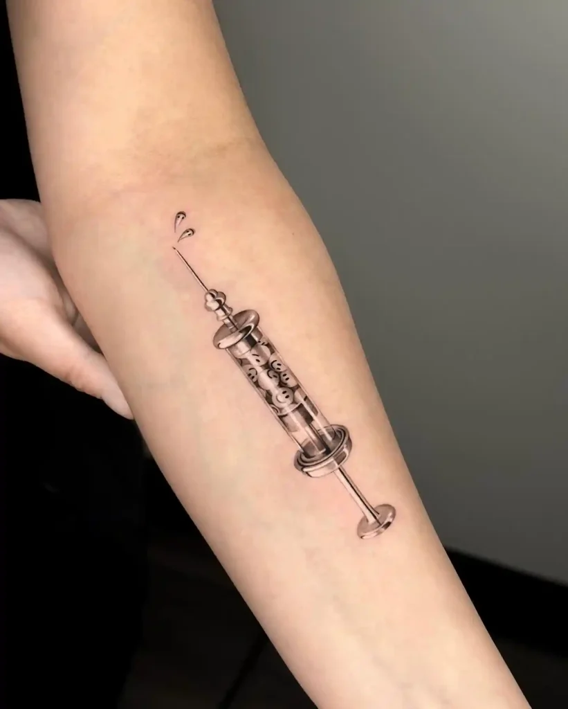 Clear Syringe Filled with Smiles on Forearm