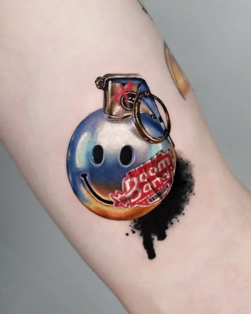 Explosive Blue Chrome Smile Grenade on Forearm