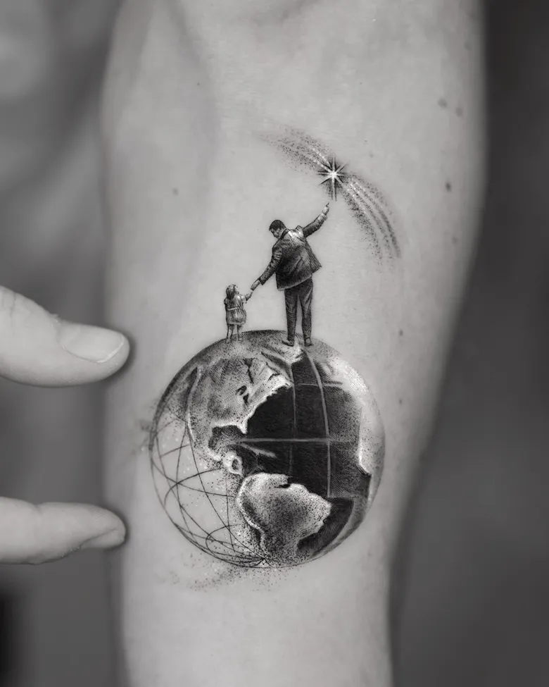 Father & Child Standing on Globe