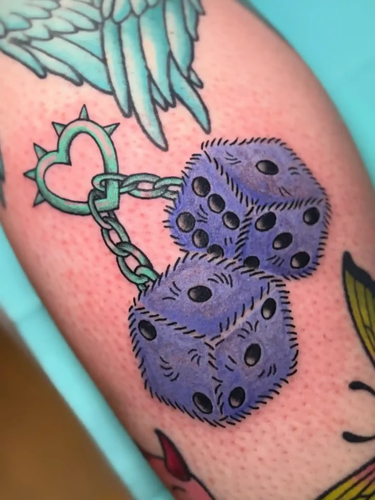 Fuzzy Purple Dice with Heart Chain on Arm