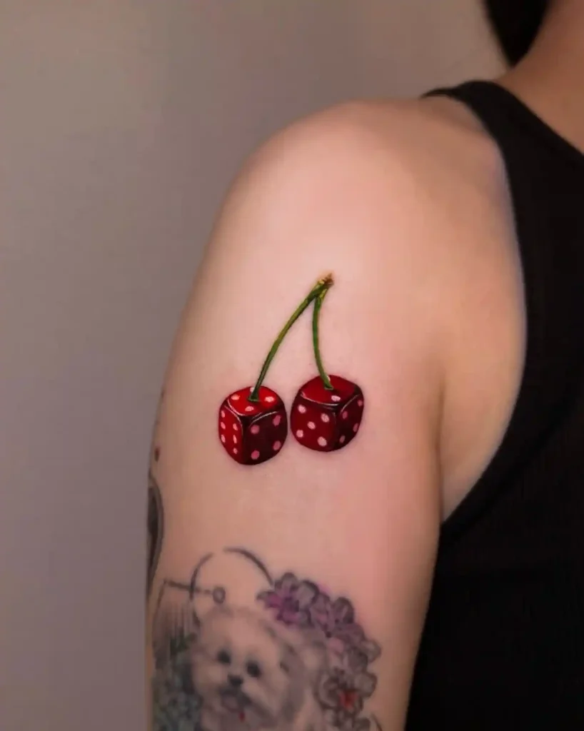 Glossy Red Dice Cherries on Shoulder