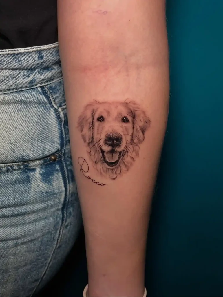 Golden Retriever Portrait with Script on Forearm