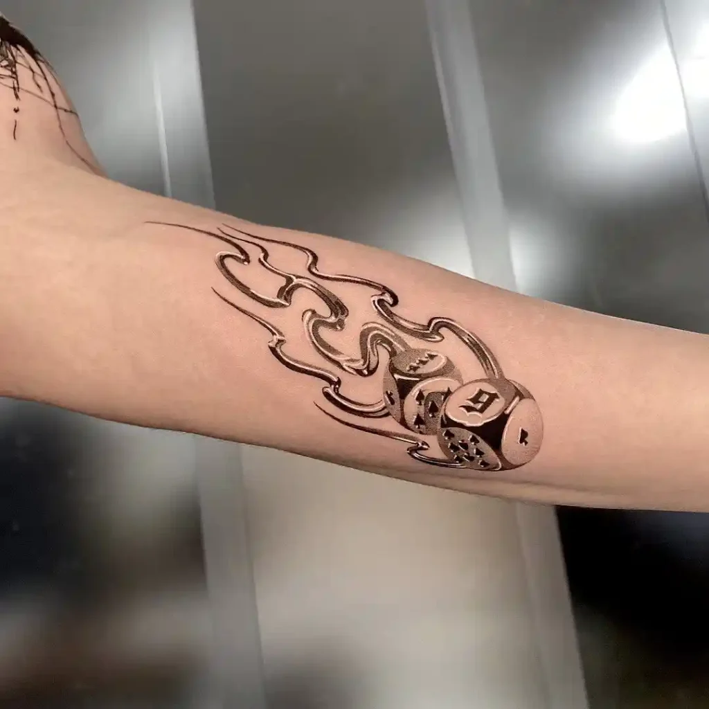 Metallic Chrome Flaming Dice on Forearm