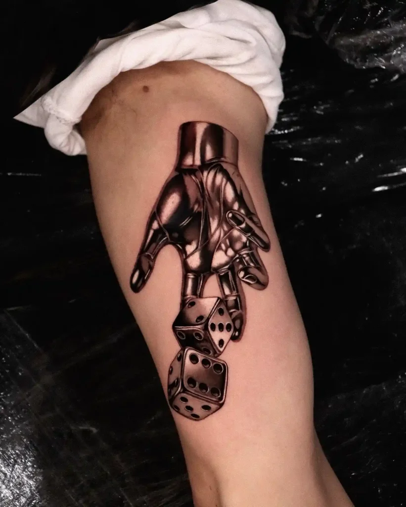 Metallic Hand Dropping Dice on Forearm