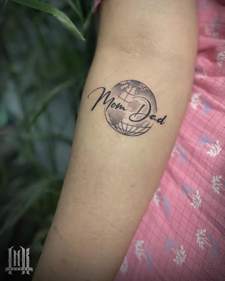 Mom Dad Script Globe Tribute Tattoo