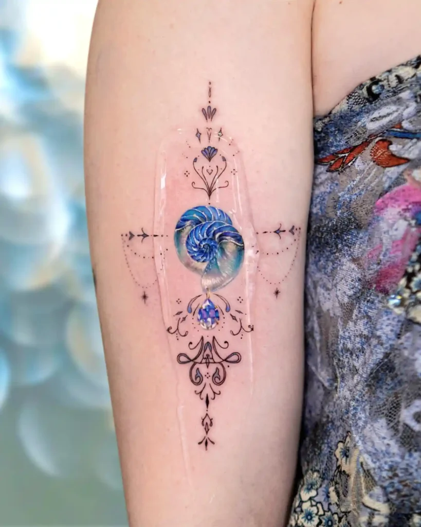 Ornamental Blue Nautilus with Gemstone on Forearm