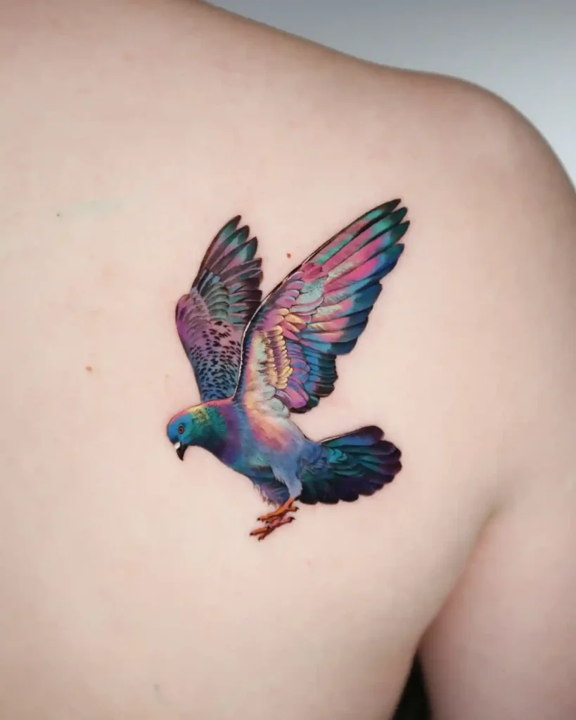 Prismatic Flying Pigeon on Upper Back