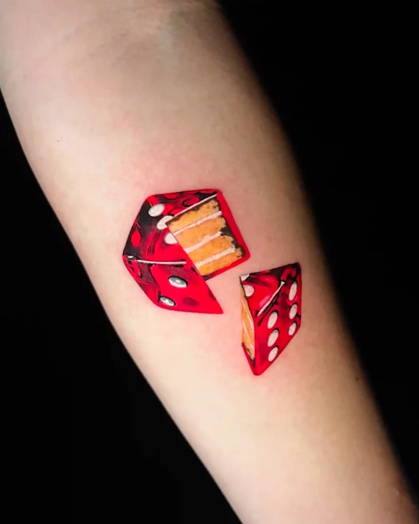 Red Dice Cake Slice on Forearm