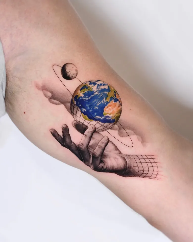 Surreal Earth and Orbiting Moon Tattoo