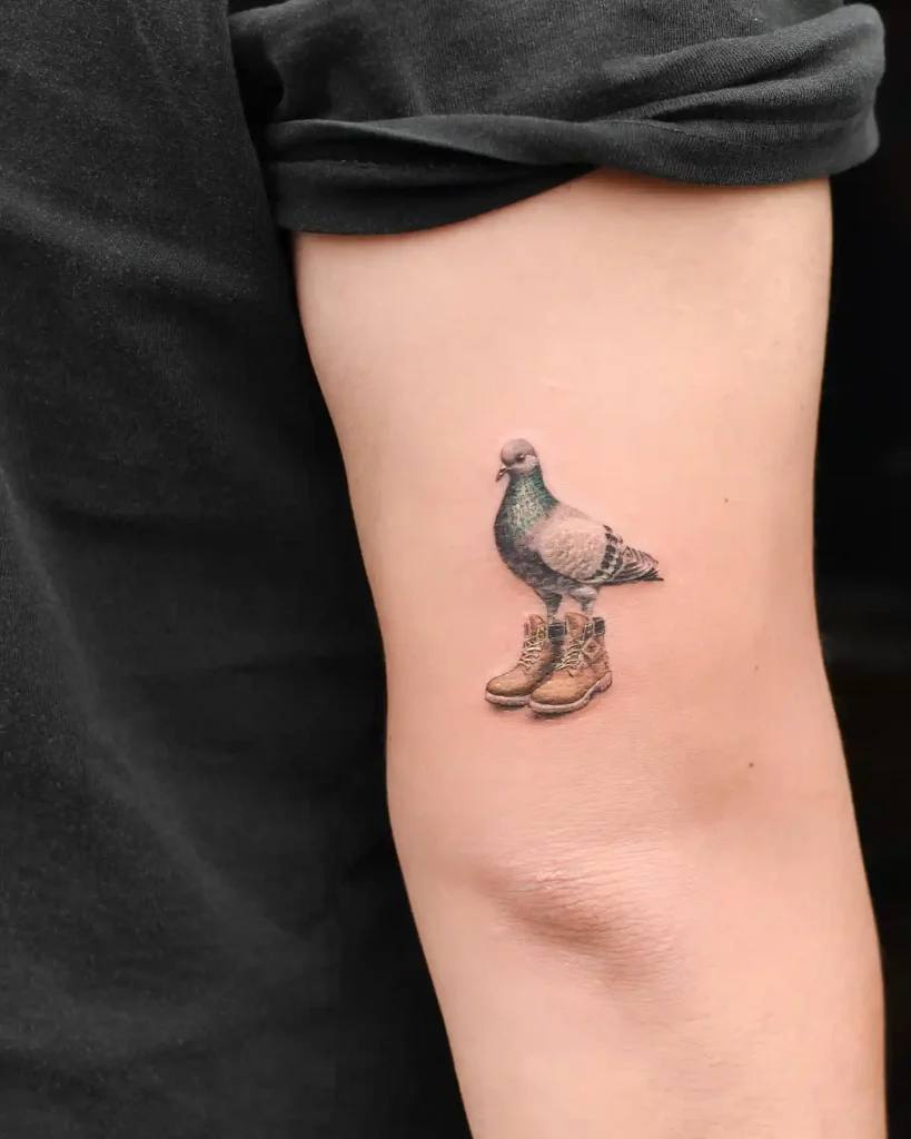 Tiny Boots Wearing Pigeon on Forearm