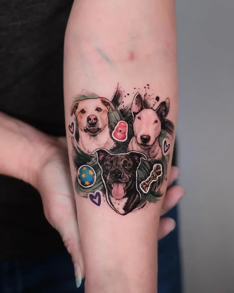 Triple Bull Terrier Portraits with Toys on Forearm