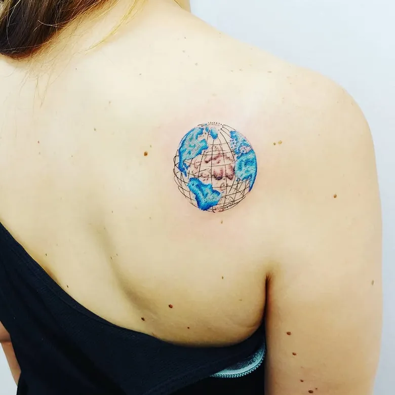 Watercolor Back Placement Globe Tattoo