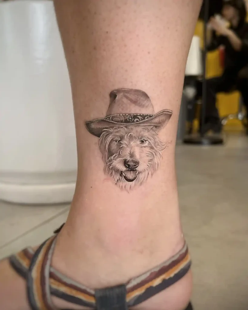 Wire Haired Terrier in Cowboy Hat on Ankle