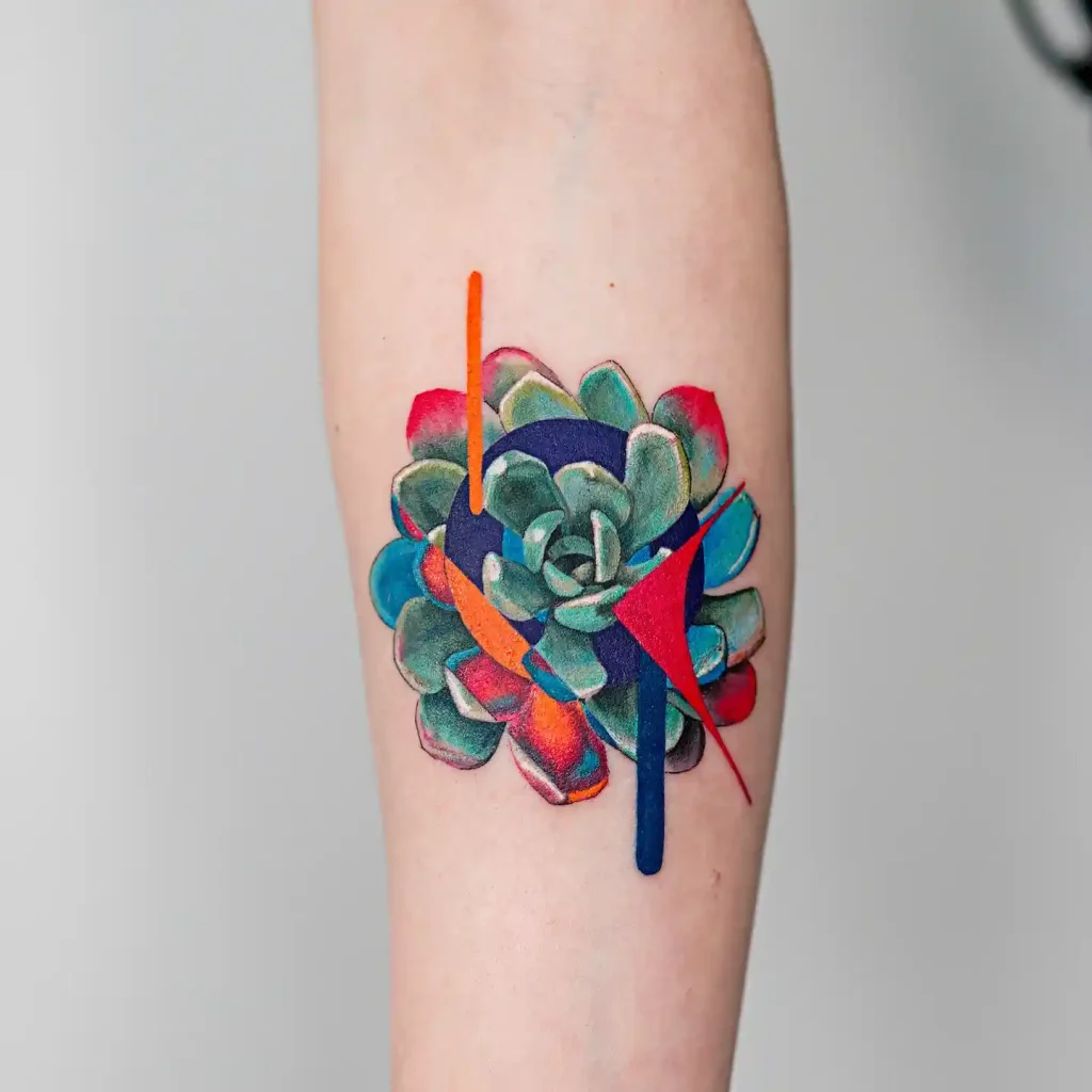 Abstract Colorful Succulent with Geometric Accents on Forearm