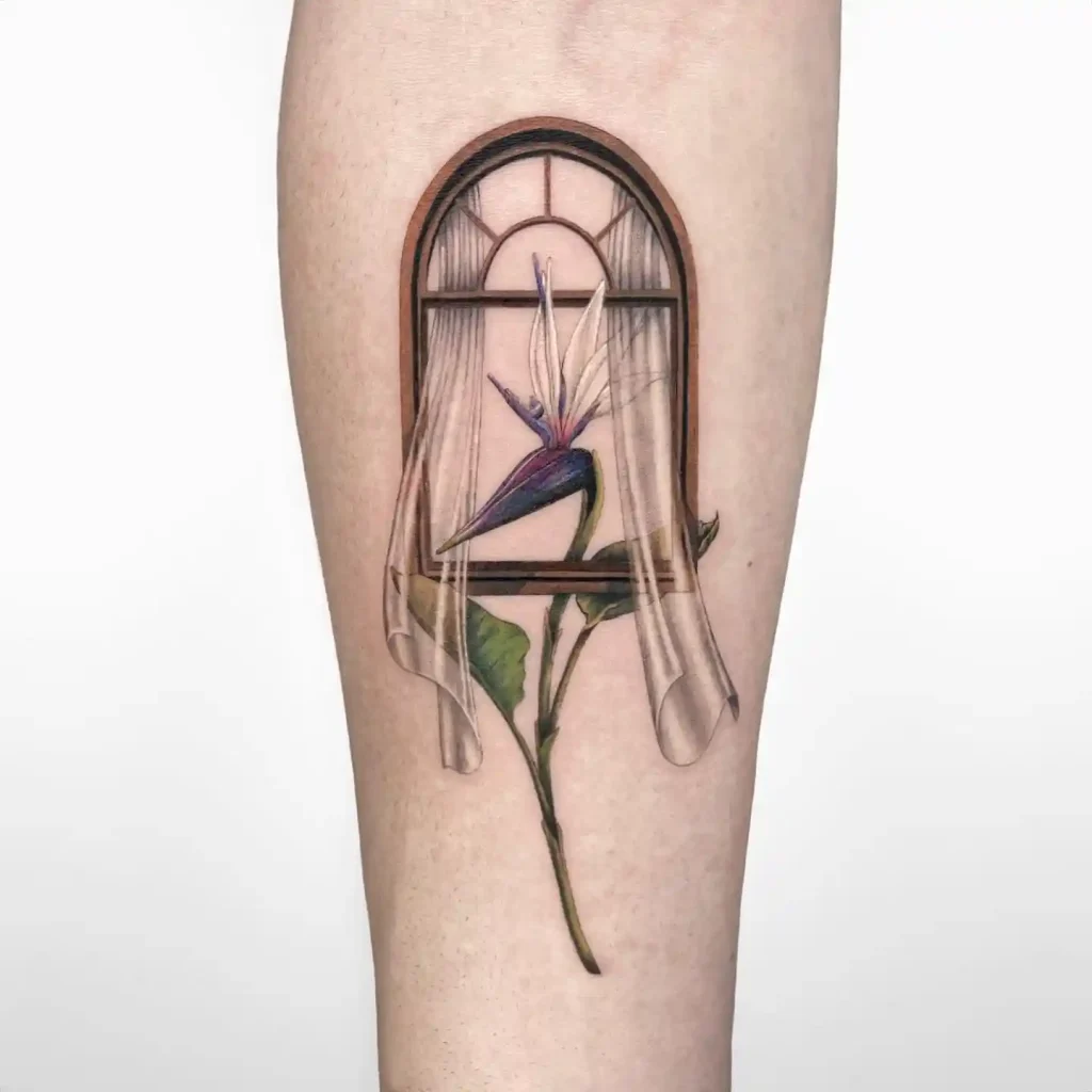 Arched Window with Bird of Paradise on Forearm