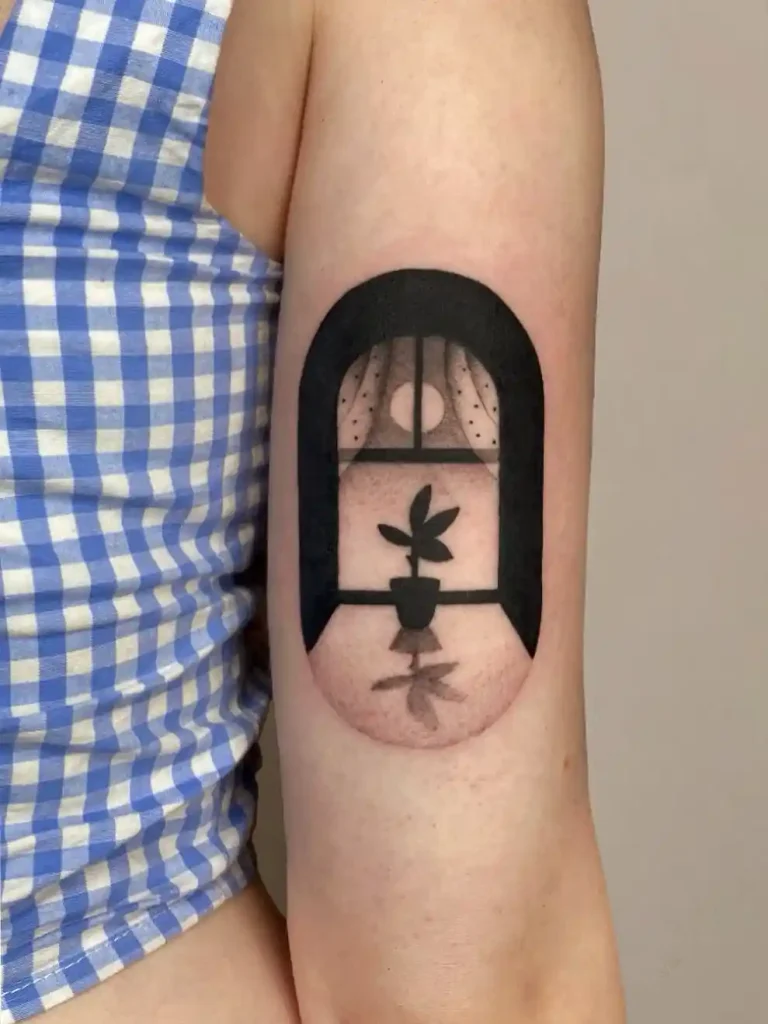 Arched Window with Potted Plant on Upper Arm