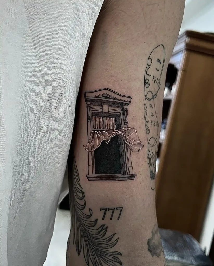 Architectural Window with Billowing Curtains on Arm