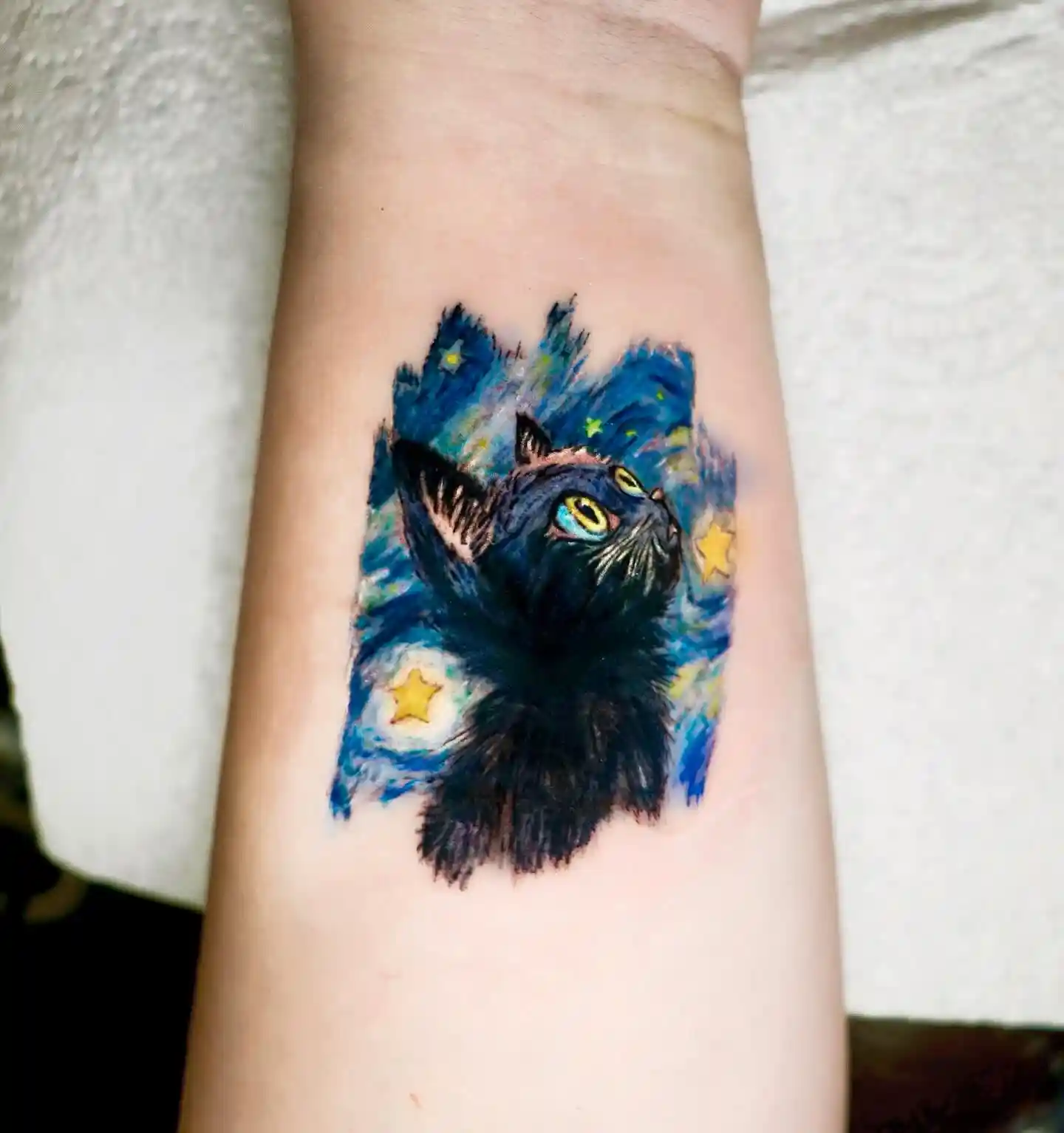 Artistic Cat and Starry Night on Forearm