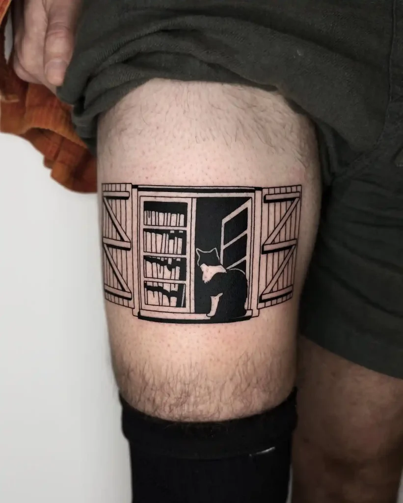 Black Cat and Bookshelf Window on Upper Thigh