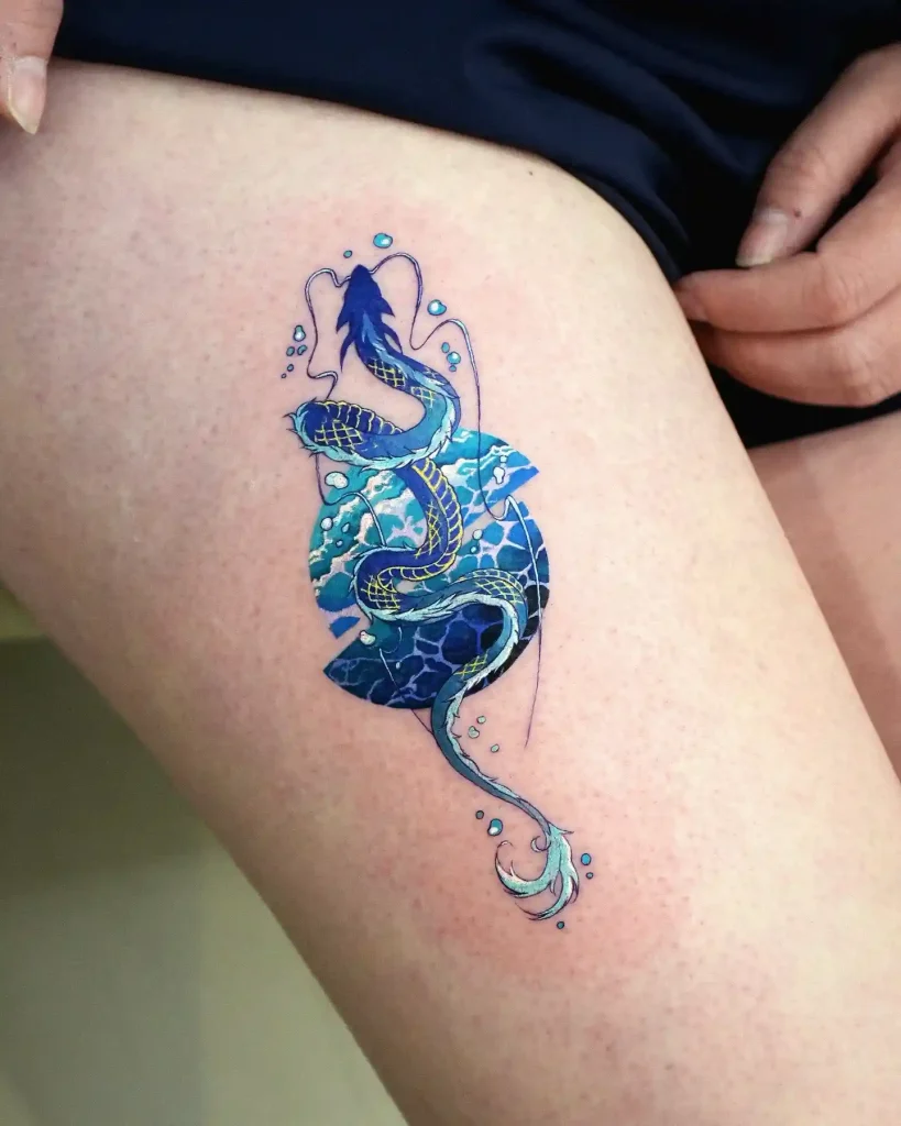 Blue Dragon and Rippling Water on Thigh