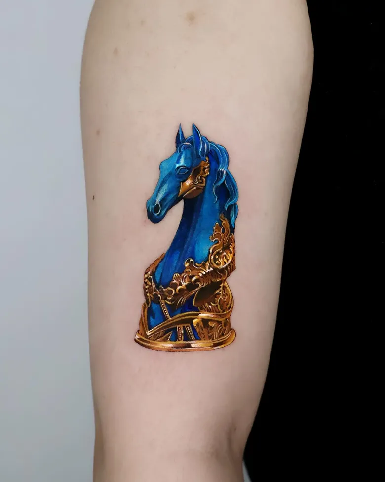 Blue and Gold Knight Chess Tattoo