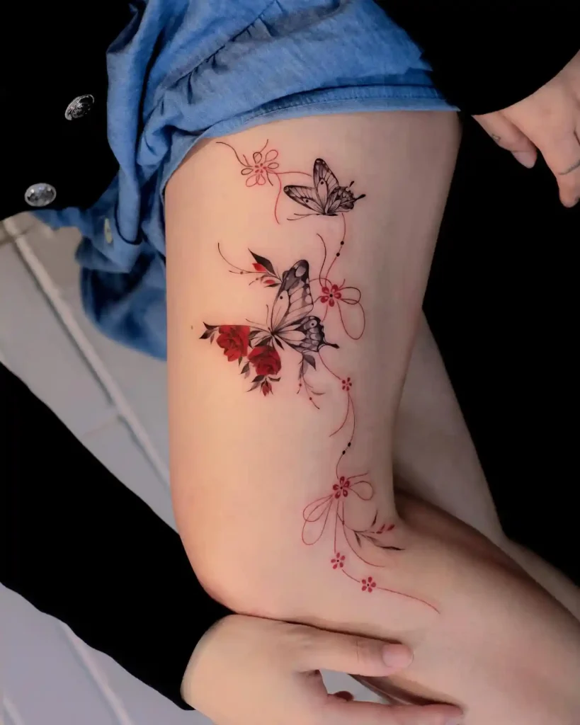 Butterfly and Rose Vine on Thigh