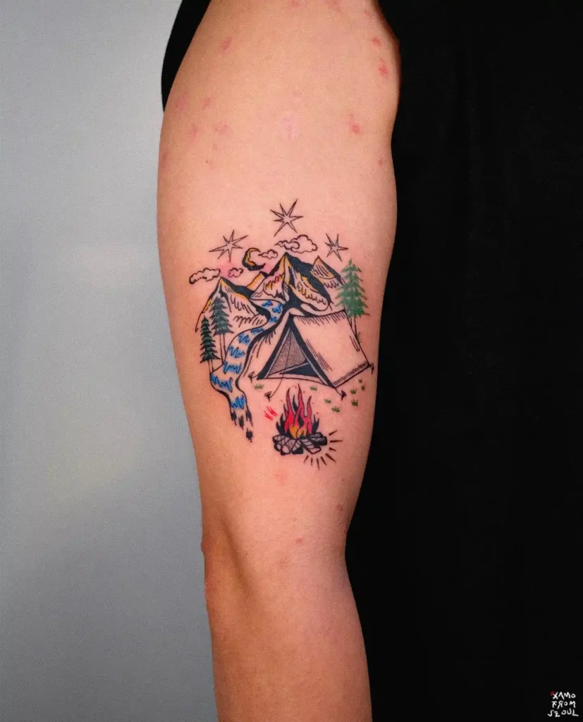 Camping Scene with Mountain and River on Upper Arm