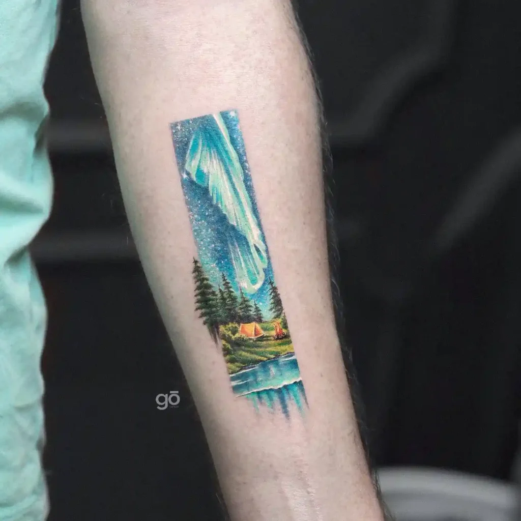 Camping Scene with Northern Lights on Forearm