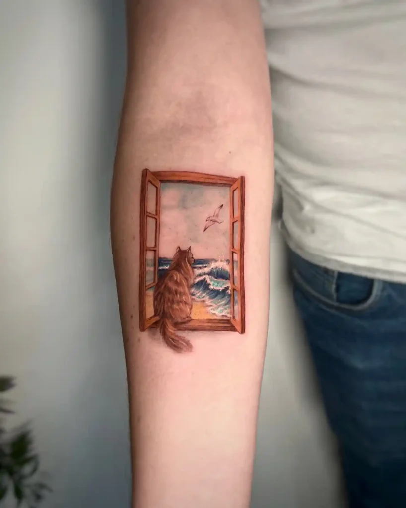 Cat Watching Waves through Window on Forearm