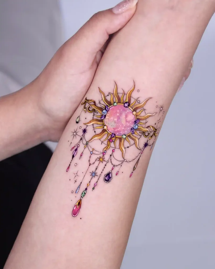 Celestial Sun and Jewels on Forearm