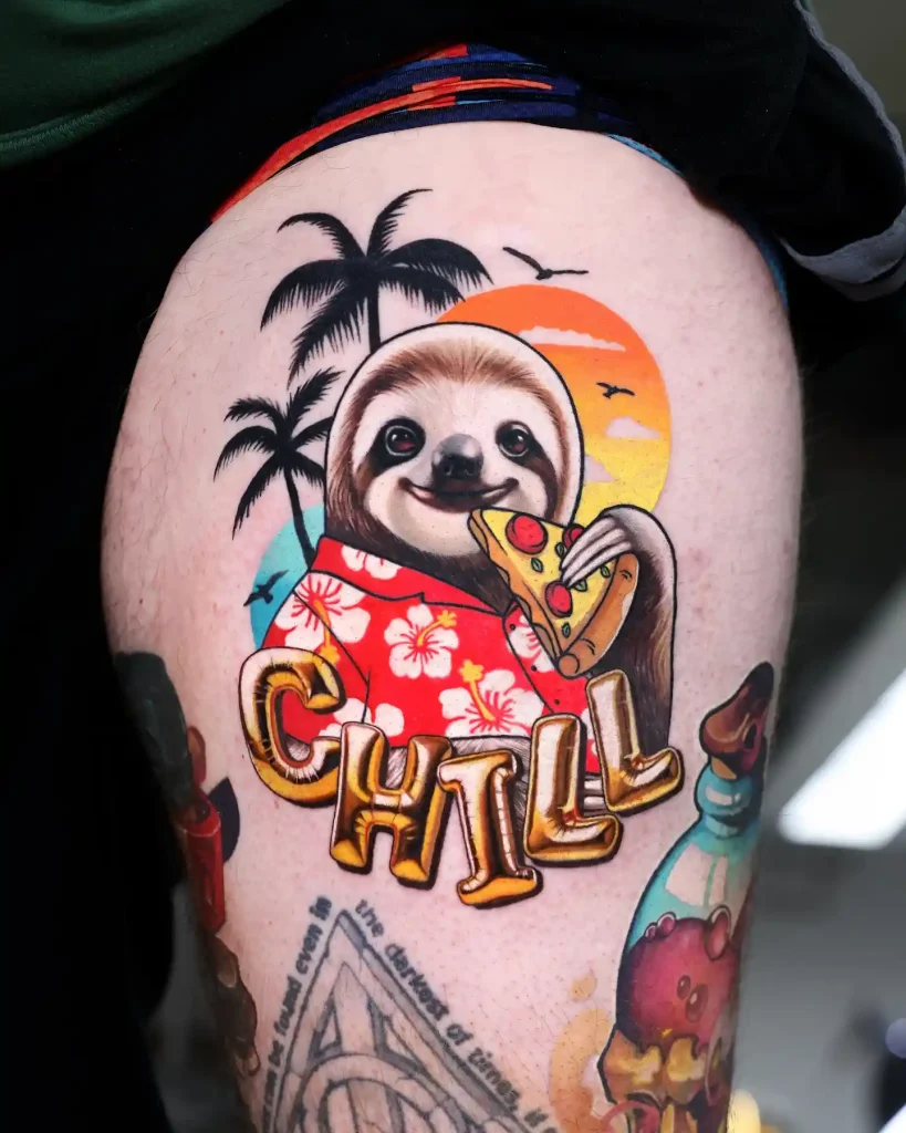 Chill Sloth with Pizza on Upper Thigh