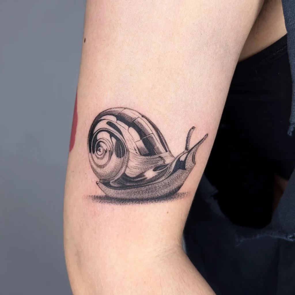 Chrome Snail Tattoo on Inner Arm
