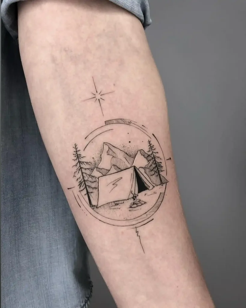 Circular Mountain Campsite Scene on Forearm