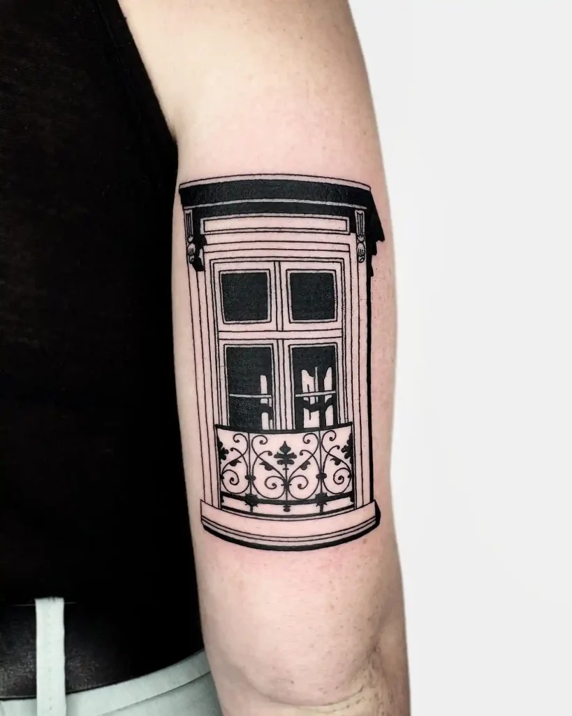 Classic Balcony Window Tattoo on Upper Arm