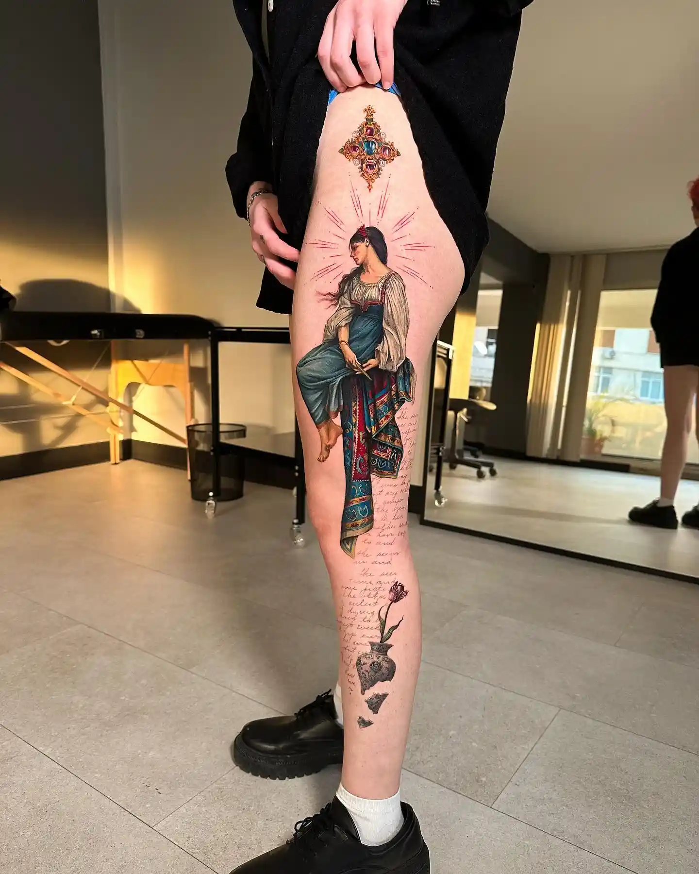 Classical Figure and Script on Outer Leg