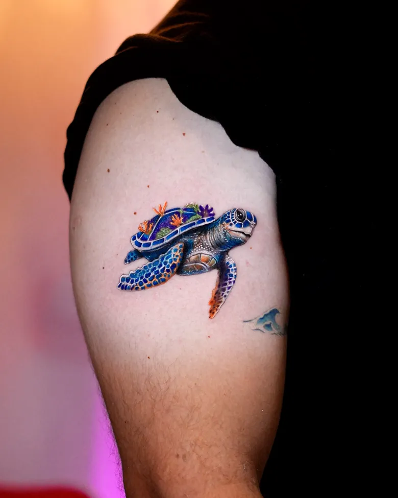 Colorful Coral Reef Sea Turtle Tattoo
