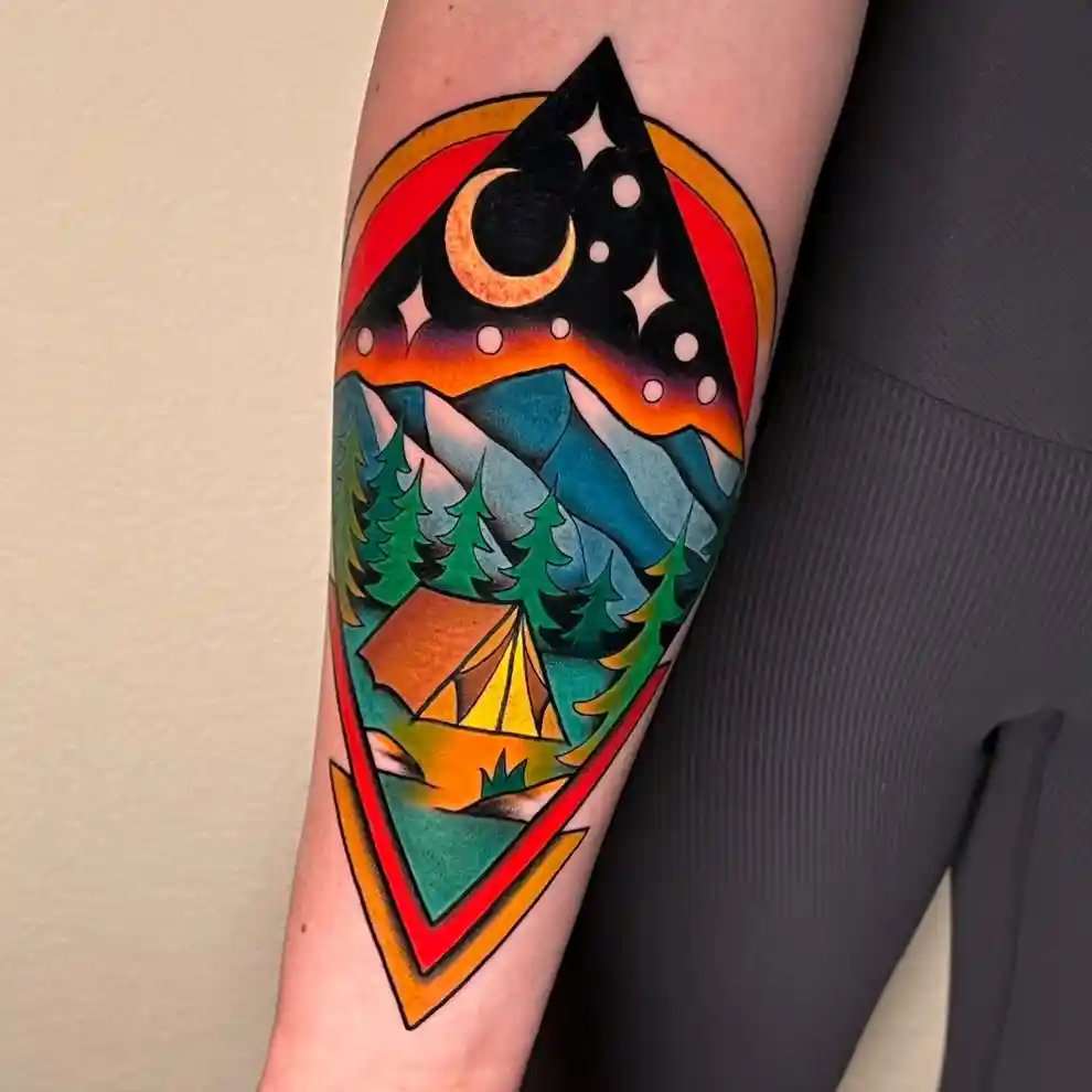 Colorful Mountain Landscape and Tent on Forearm