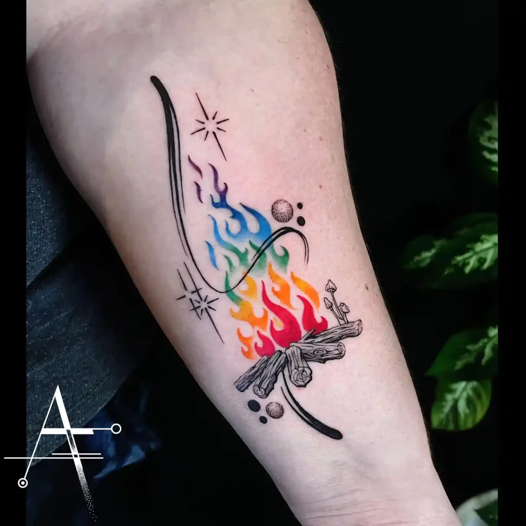 Colorful Rainbow Campfire Tattoo on Forearm