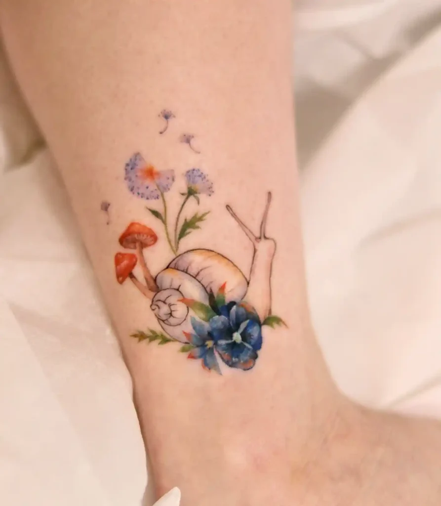 Colorful Snail with Mushrooms and Flowers on Ankle