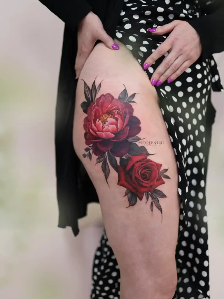 Deep Red Rose and Peony on Thigh