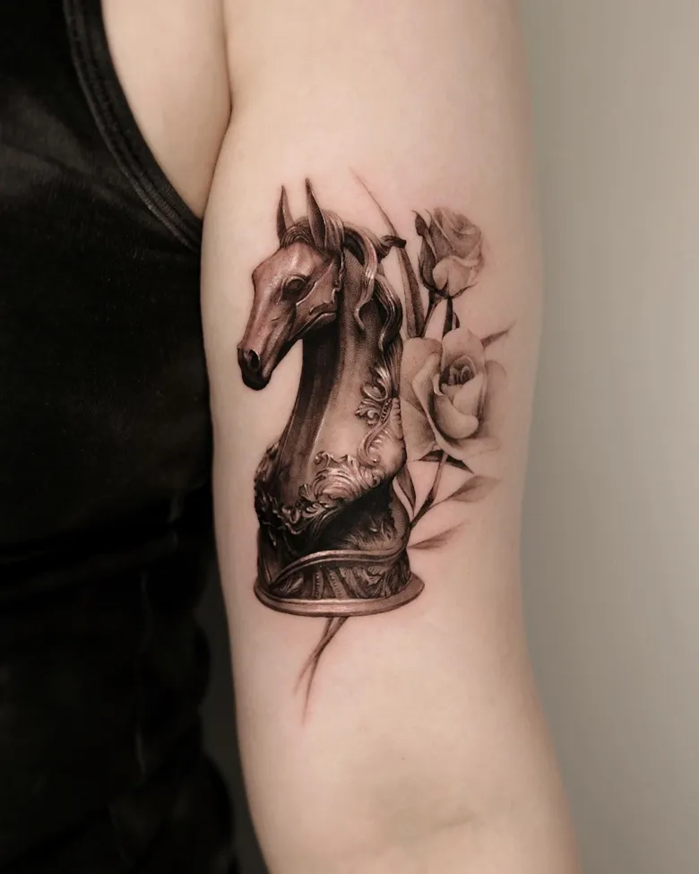 Detailed Knight Chess Tattoo with White Rose