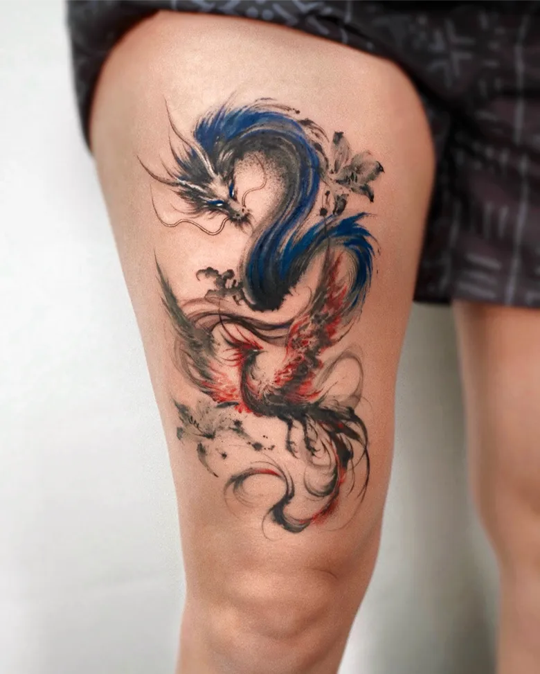 Dragon and Phoenix Thigh Tattoo