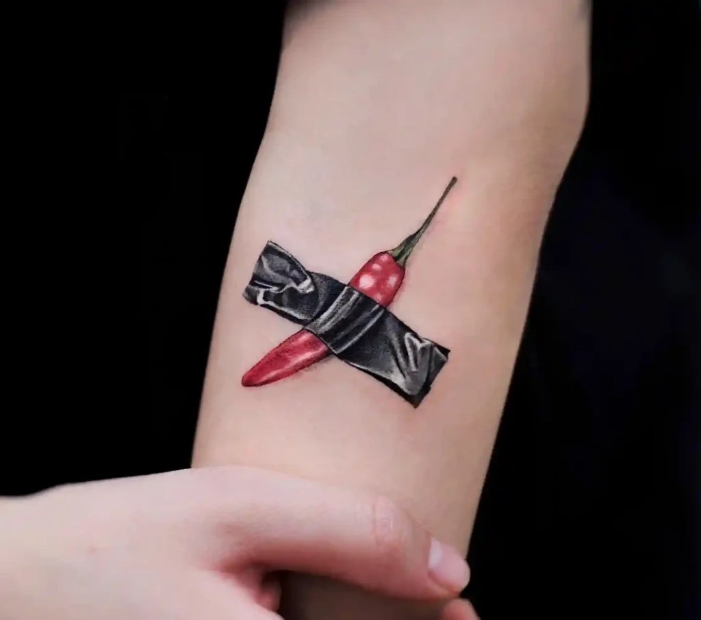 Duct Taped Chili Pepper on Inner Forearm